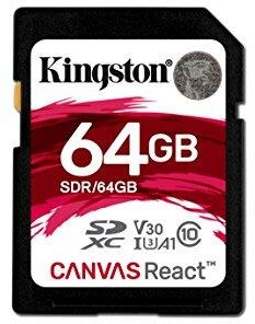 Kingston SDXC Canvas React 64GB 100R/80W CL10 UHS-I U3 V30 A1
