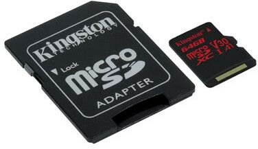 Kingston microSDXC Canvas React 64GB 100R/80W U3 UHS-I V30 A1 Card + SD Adptr