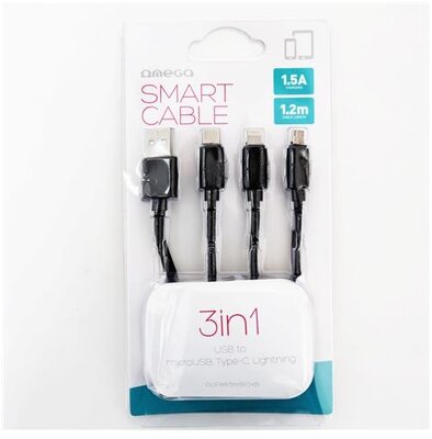 OMEGA smart kábel, 3 az 1-ben, Lightning+Type-C+micro-USB, 1,2m, fekete