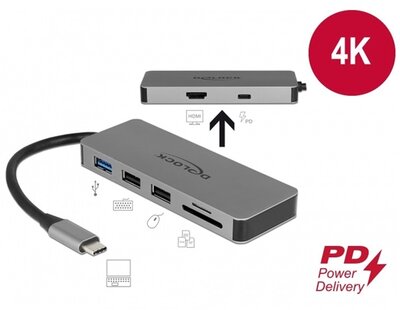 DELOCK USB 3.1 Type-C docking station 4K HDMI, Hub, SD kártyaolvasó, PD 2.0