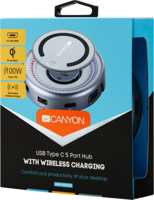 Canyon Multiport Docking Station with 5 port, with wireless charger 10W, 2*Type C+1*HDMI+1*VGA+1*USB3.0+1*USB2.0. Input 100-240V, Output USB-C PD100W&USB-A 5V/1A, cable length type c-c 0.3m+micro USB 0.6m, Space gray, 104*104*28mm, 0.203kg