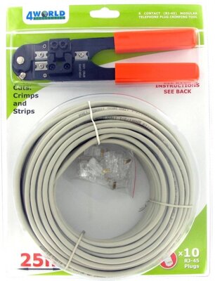 4World UTP kat. 5e kábel készlet, 25m+krimpelő fogó + 10 db RJ45 csatlakozó dugó