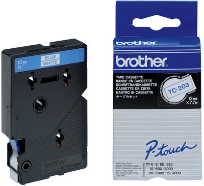 Brother Festékszalag TC203 P-Touch, 12mm fehér alapon kék